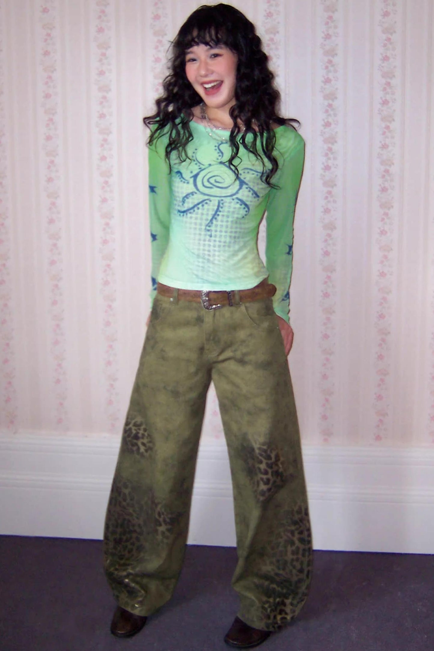 Cotton Washed Leopard Print Denim Pants