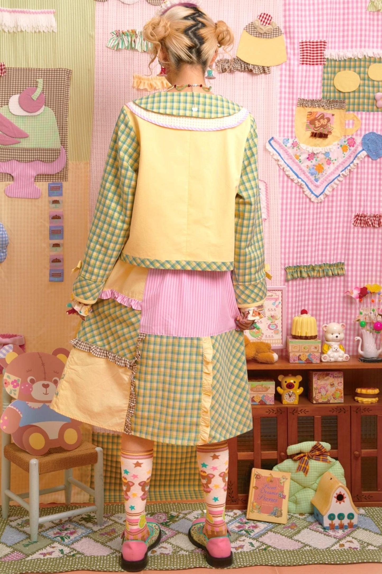 Patchwork Plaid Embroidered Top & Skirt Set-Up
