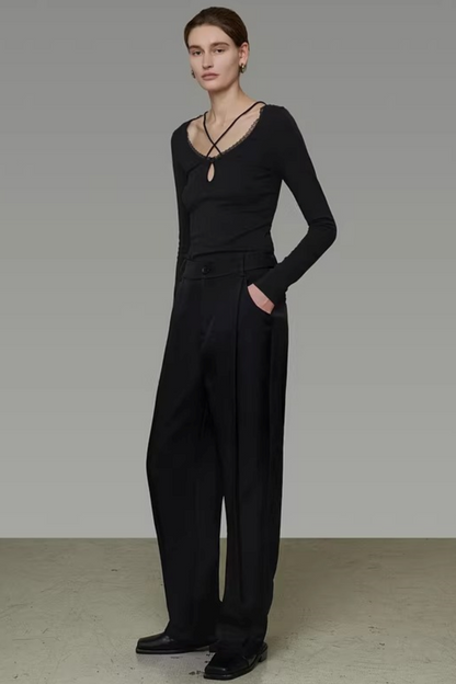 Black Cross-Neck Knit Sweater