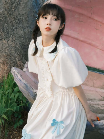 Dolphin Princess Ribbon Embroidery Puff Sleeve Dress