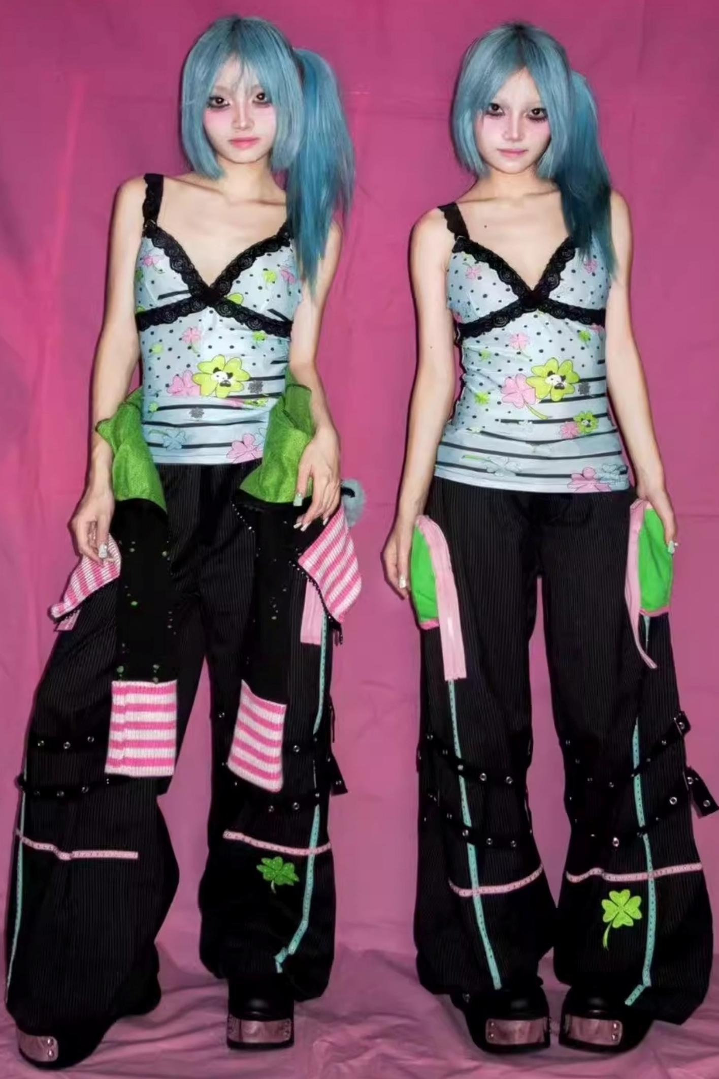 Four-Leaf Clover Embroidery Stripe Studded Trousers