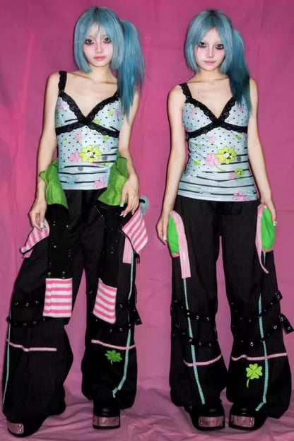 Four-Leaf Clover Embroidery Stripe Studded Trousers