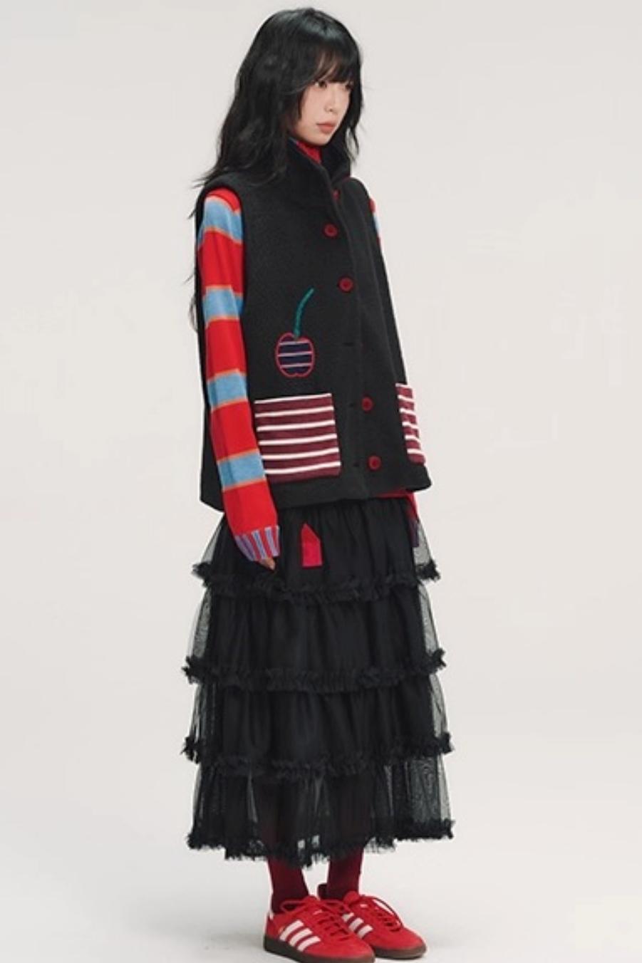 Hand-Painted Cherry Applique Vest Jacket