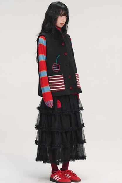 Hand-Painted Cherry Applique Vest Jacket