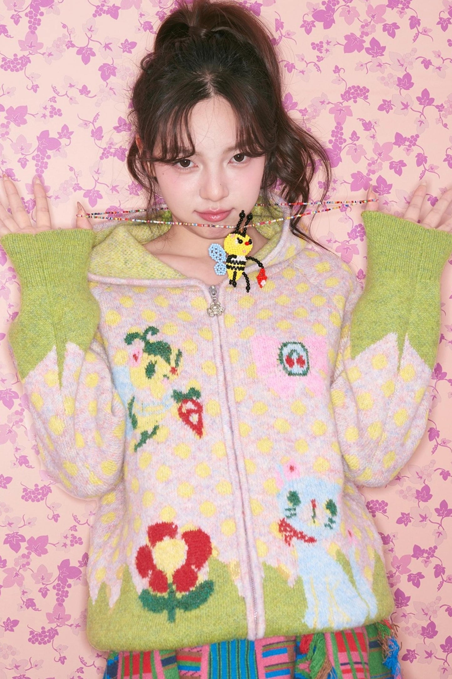 Light Pink Polka Dot Hooded Cardigan