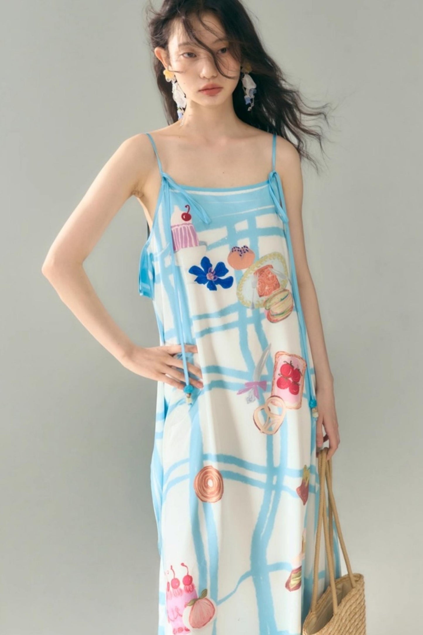 Bread Print Plaid Satin Slip Dress Set-Up