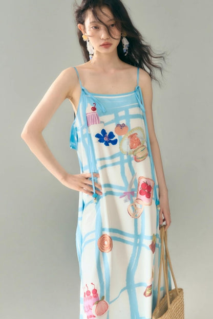 Bread Print Plaid Satin Slip Dress Set-Up