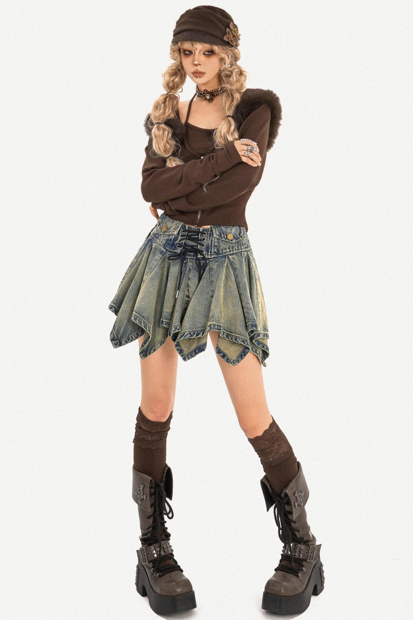 Dark Brown Patchwork Knit Sweater Set