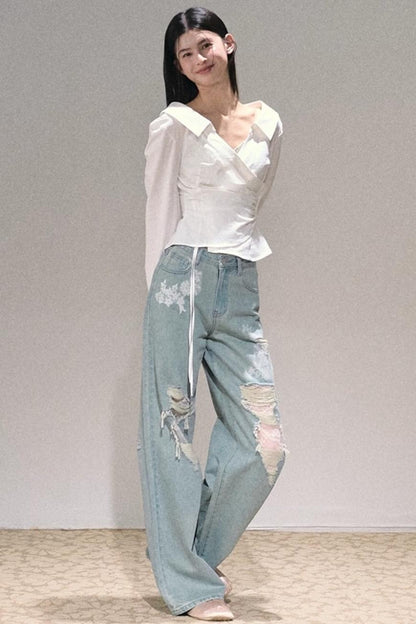 Texture Collar Stretch Shirt Top