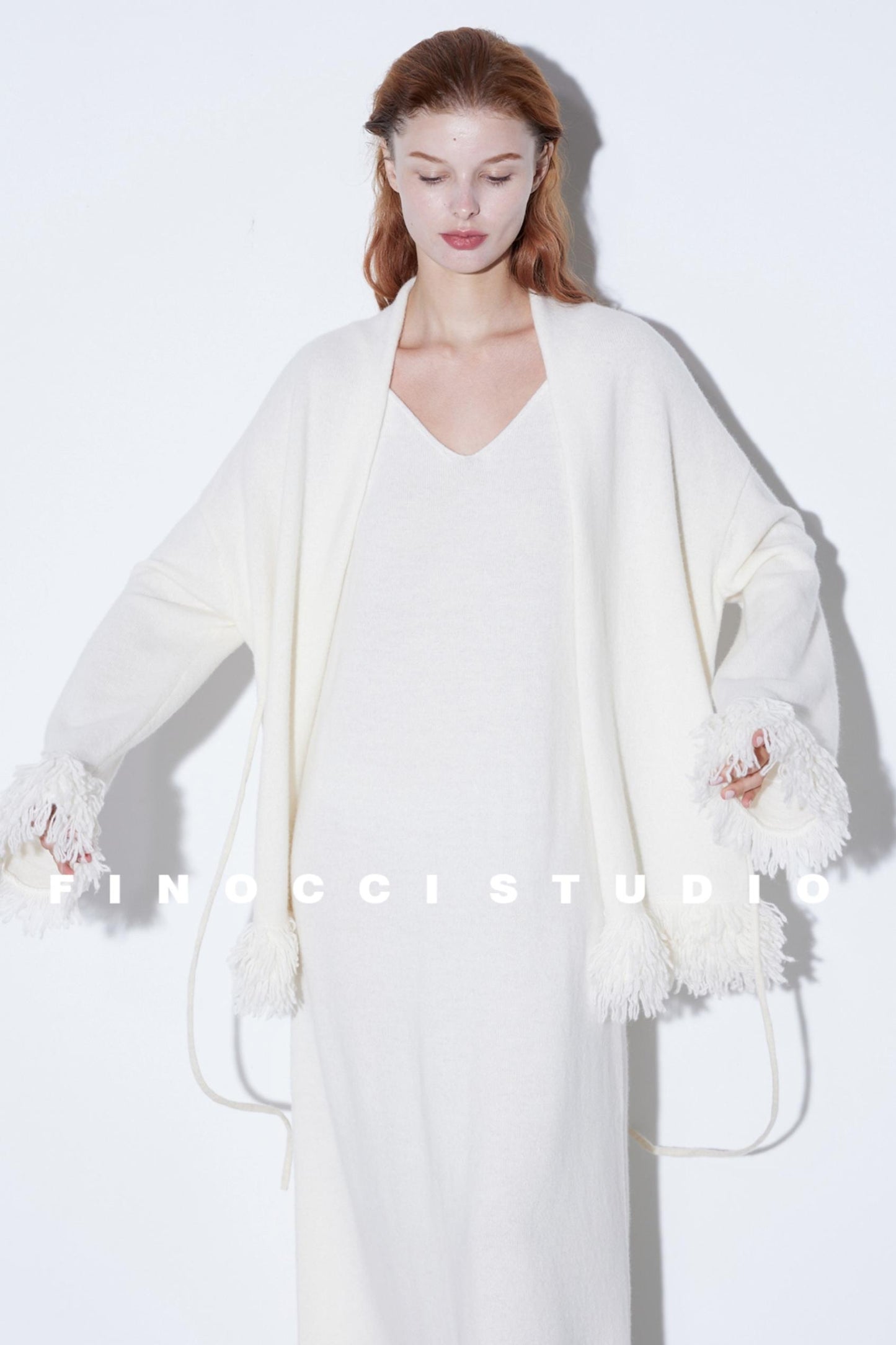 Fringe Wool Dress & Cardigan Set-Up