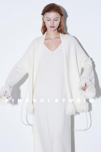 Fringe Wool Dress & Cardigan Set-Up