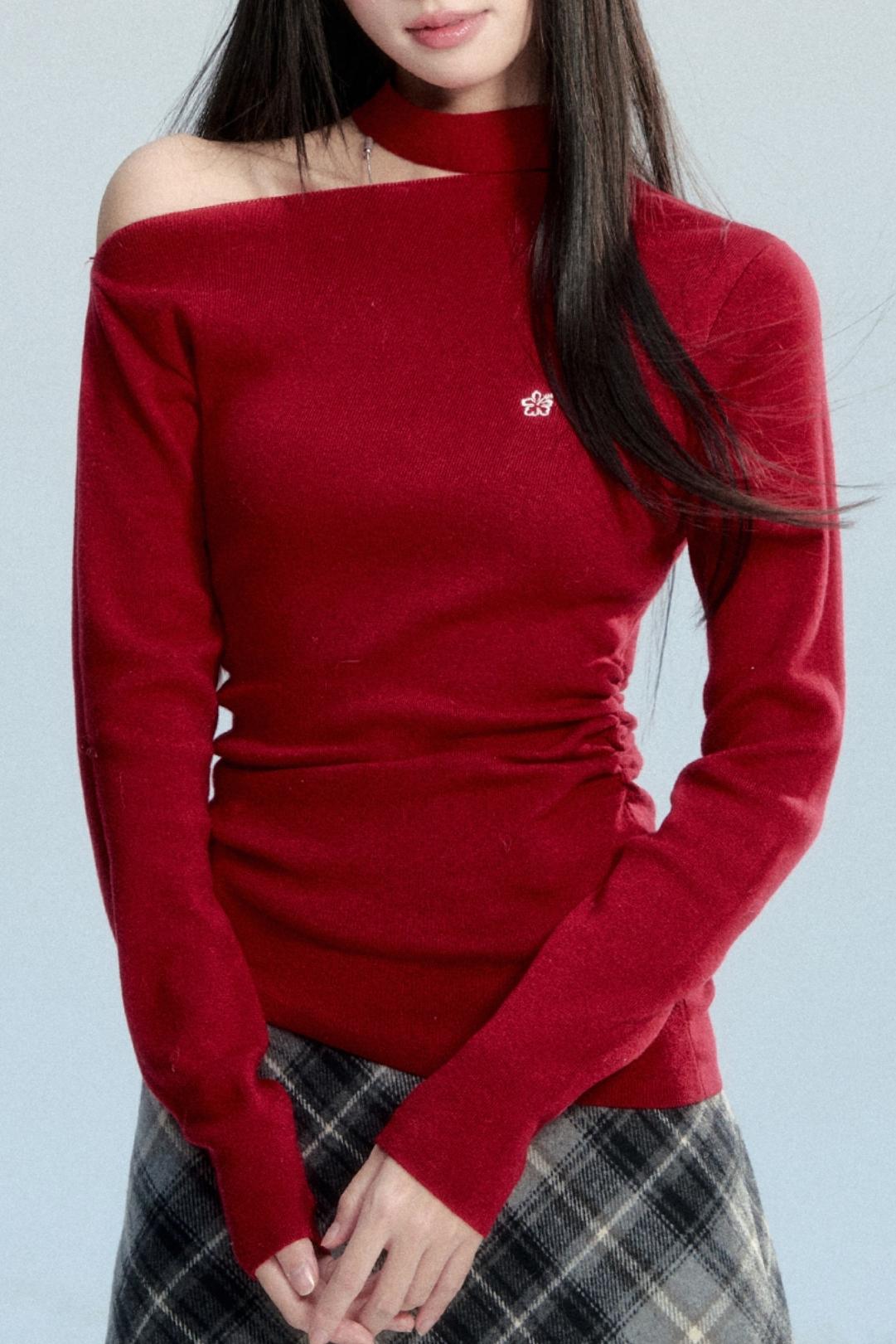 Red Off-Shoulder Knit Top