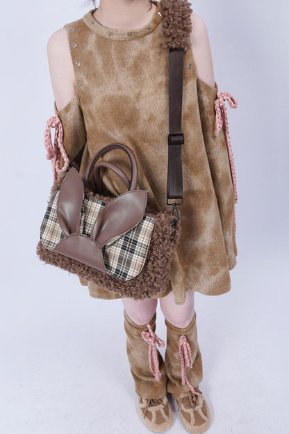 Plaid Rabbit Fur Tote Bag