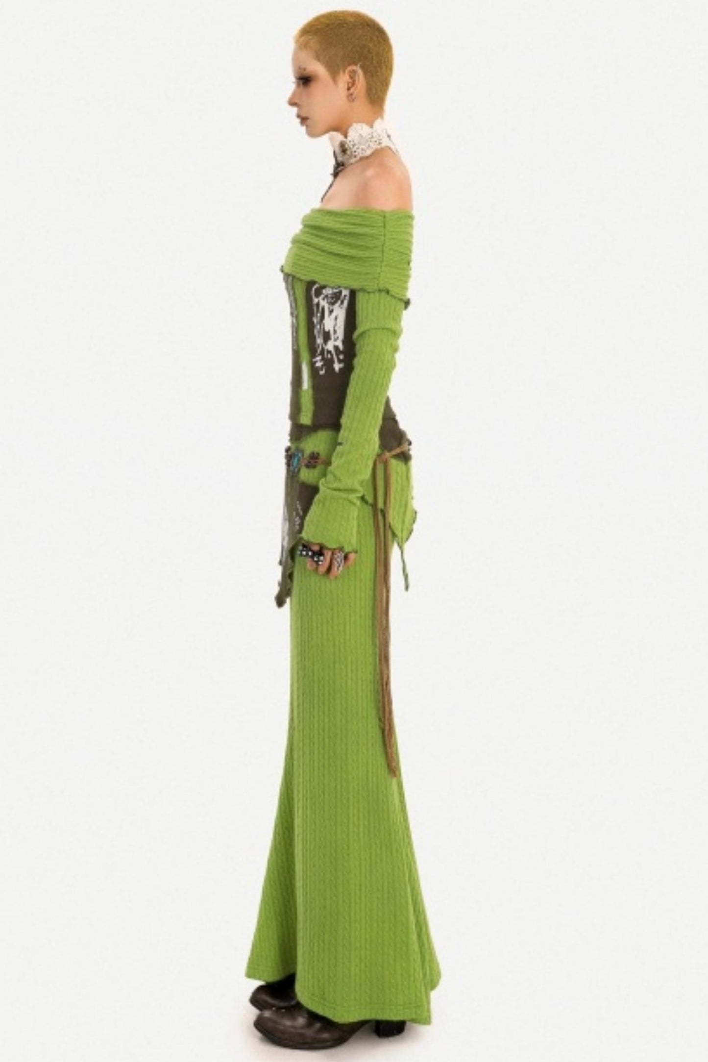 Green Off-Shoulder Top Skirt Set-Up