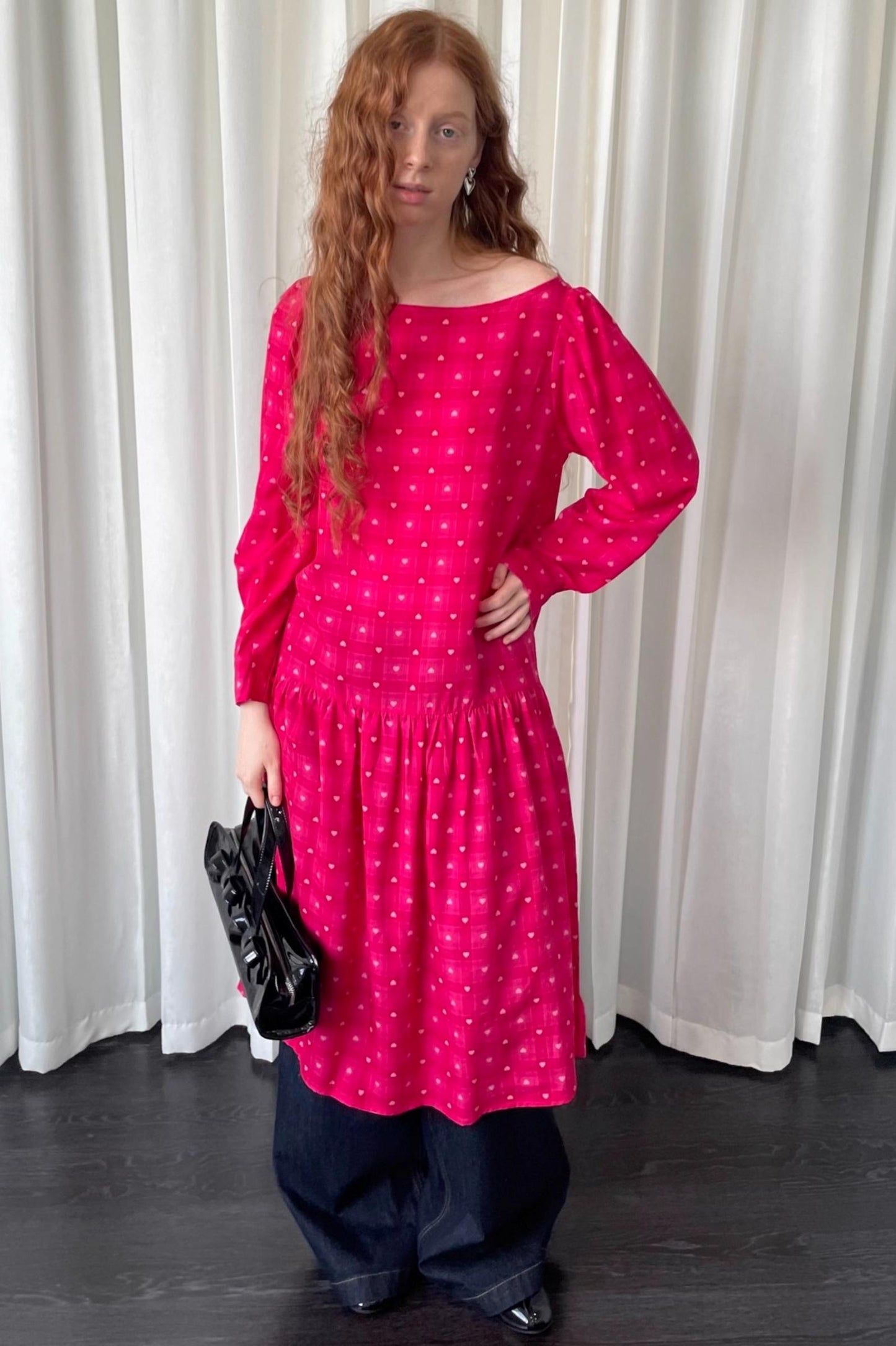 Smell Love Bow Rose Red Plaid Long Sleeve Dress