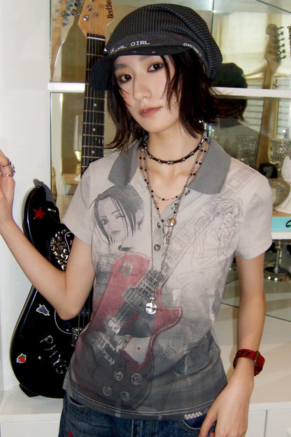 Distressed Portrait V-Neck Top