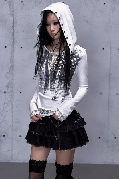 Lace Patchwork Hooded Top