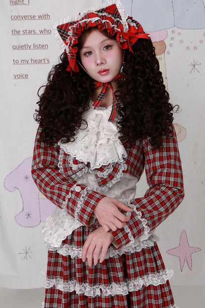 Christmas Red Checkered Bow Short Jacket