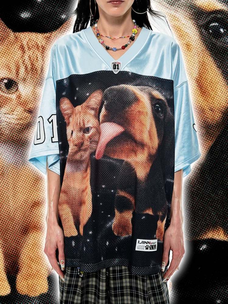 Dog & Cat Print Oversized V-Neck T-Shirt