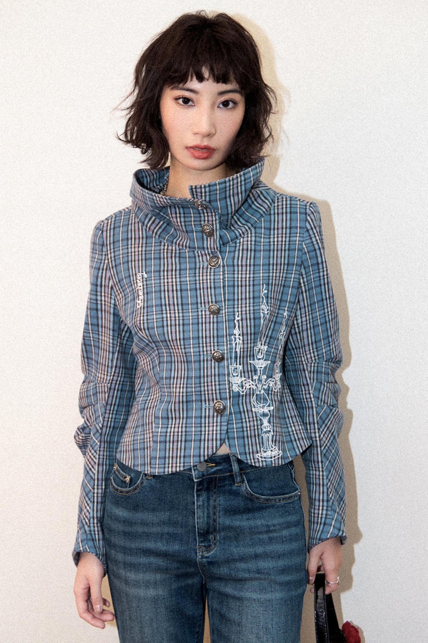 Plaid Embroidered Blazer Top