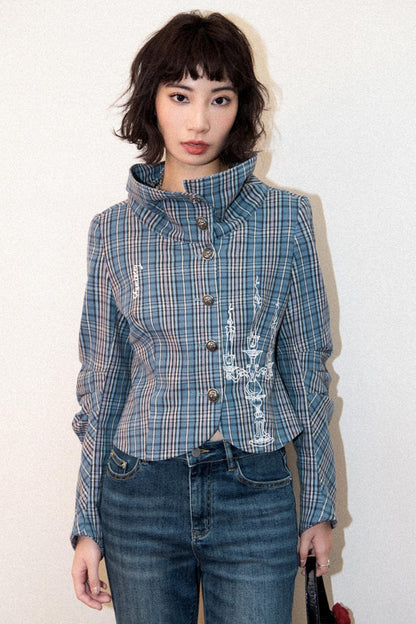 Plaid Embroidered Blazer Top