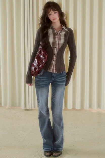 Plaid Splicing Fake Two-Piece Knit Sweater