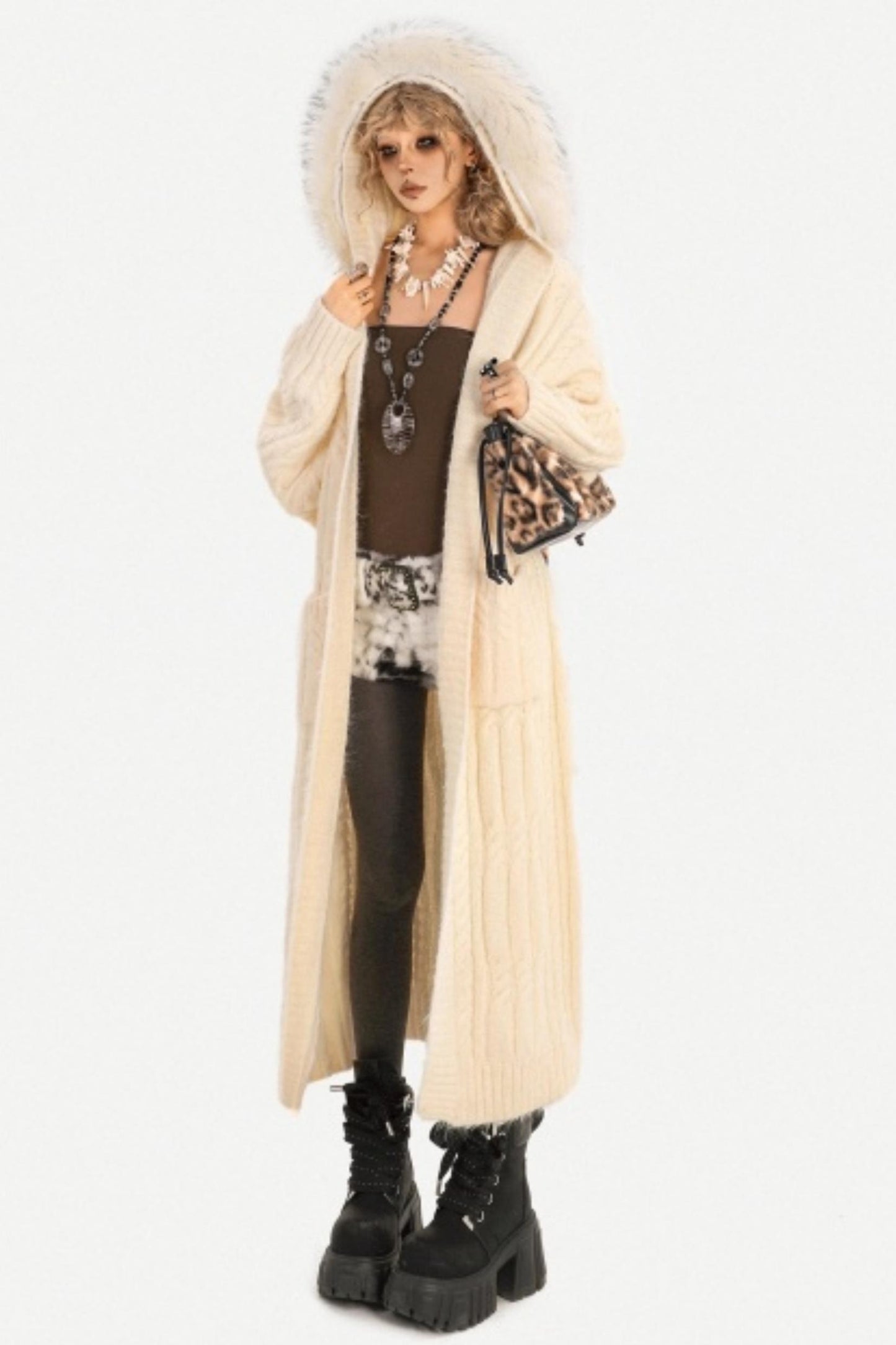 Vintage Knit Hooded Cardigan Coat