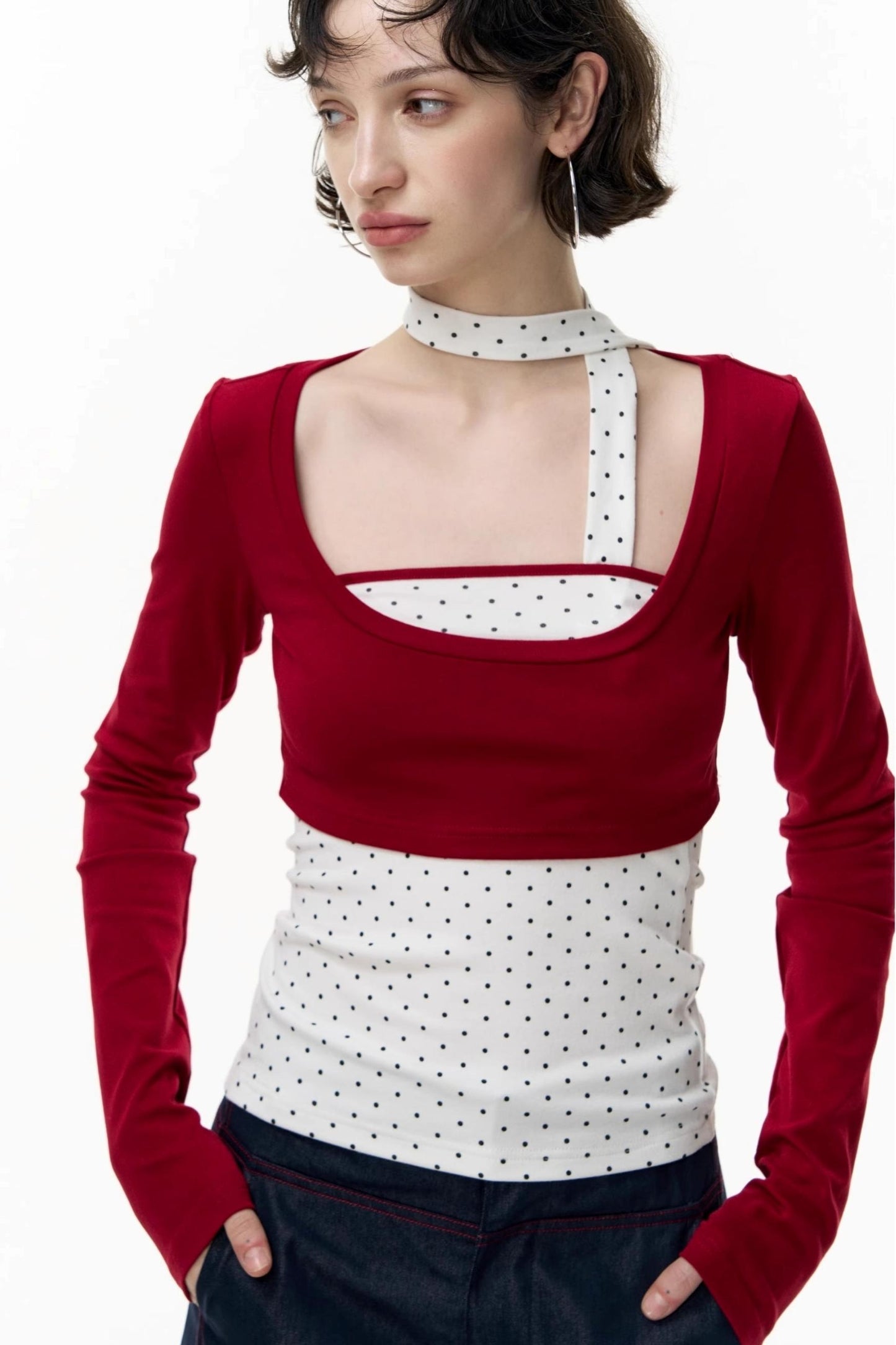 Contrast Long-Sleeved Top With Bandeau Set