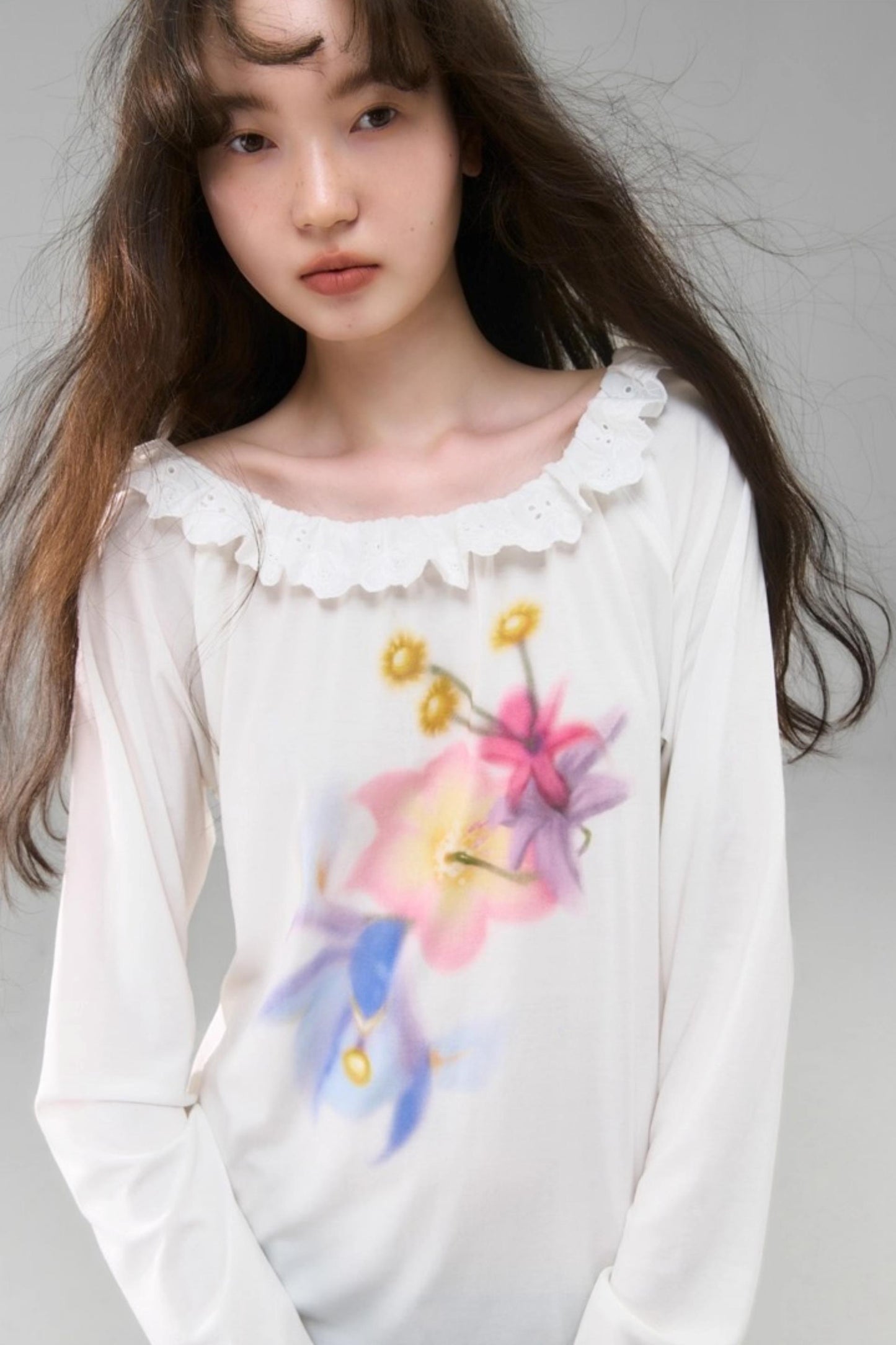 Slanted Shoulder Long-Sleeved Tencel Tee