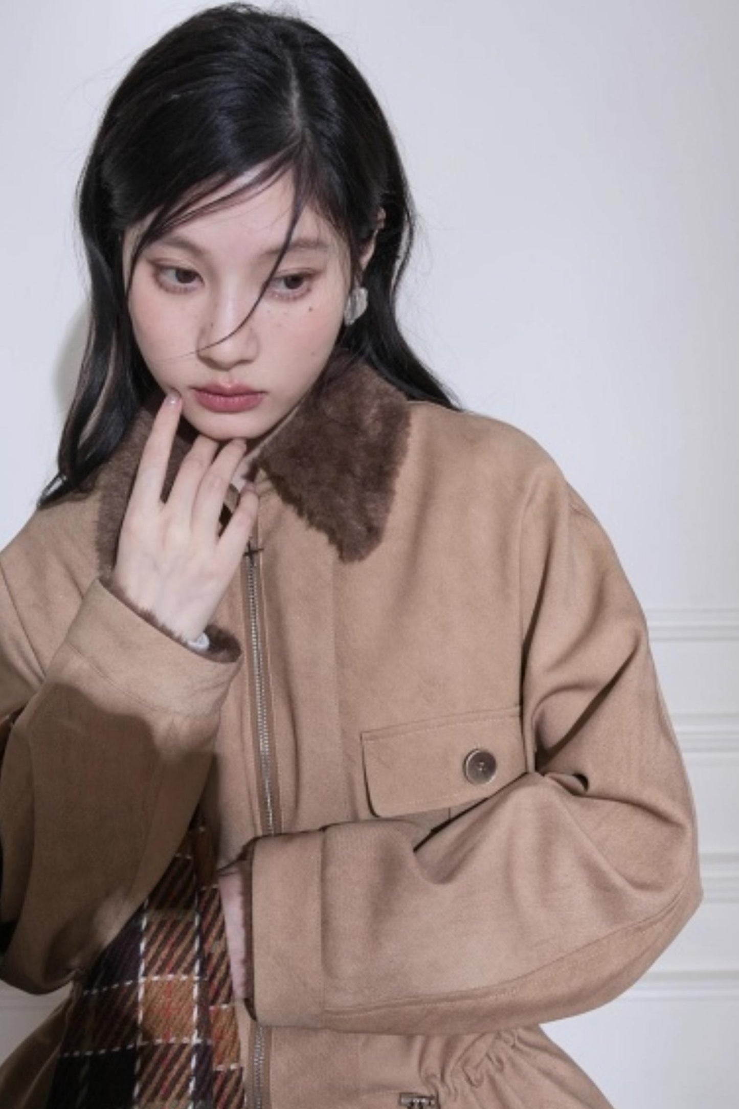 Hazelnut Bat Sleeve Furry Jacket Set-Up