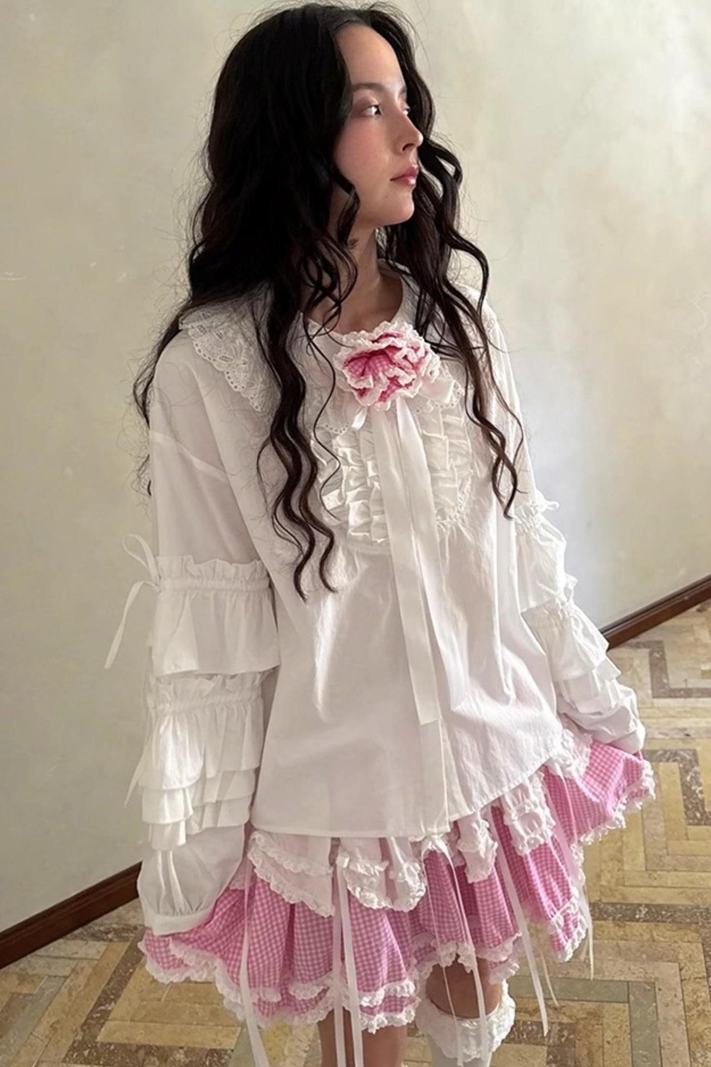 Pink-White Plaid Lace Shirt