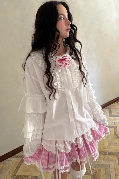 Pink-White Plaid Lace Shirt