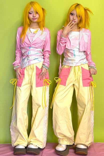 Pink Polka Dot Stripe Stitching Tie Short Jacket