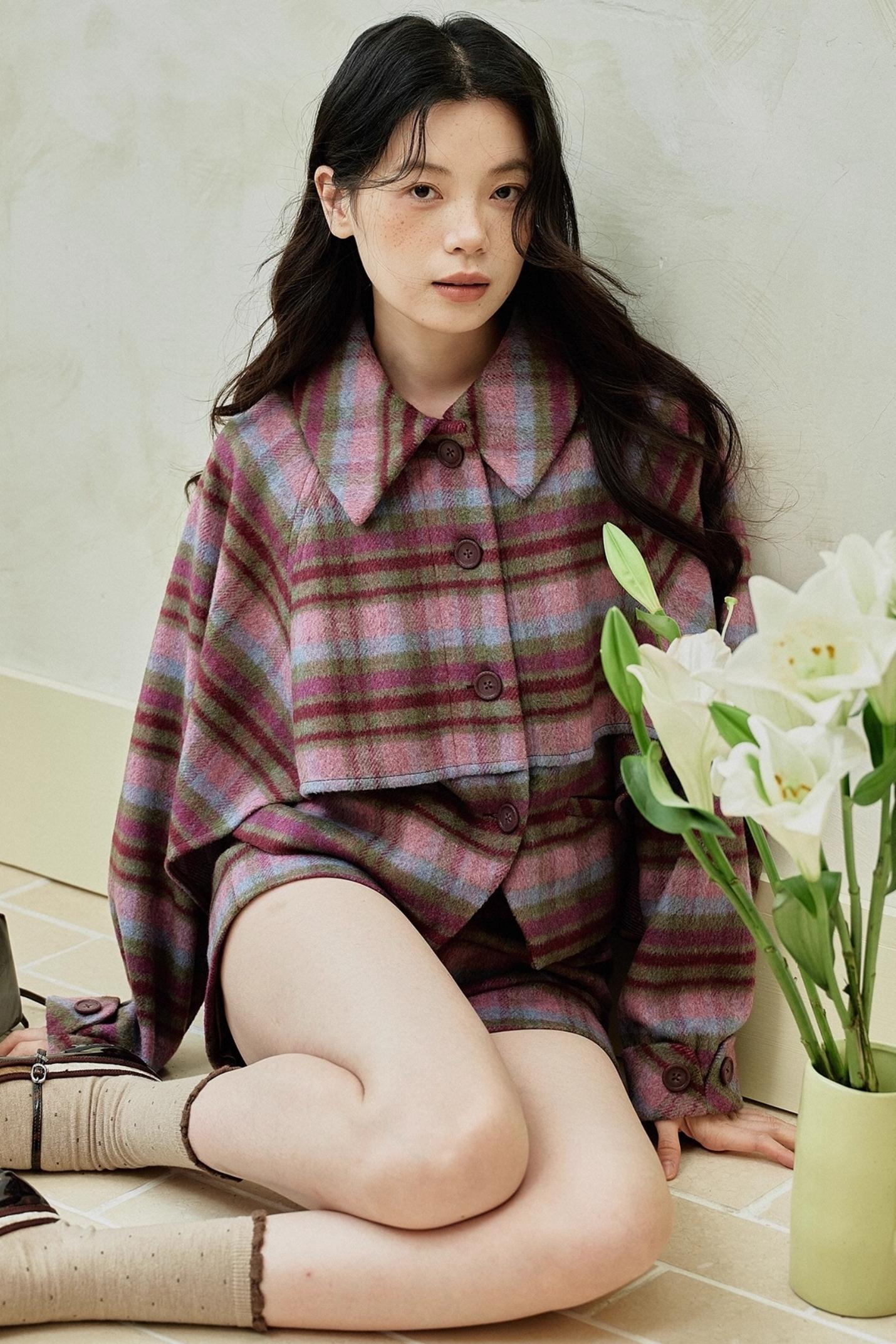 Pink-Purple Wool Plaid Cape Set-Up