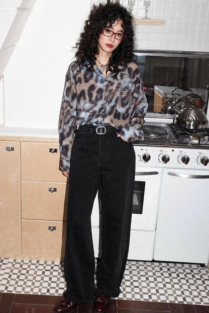 Vintage Leopard Print Cuban Collar Long-Sleeved Shirt