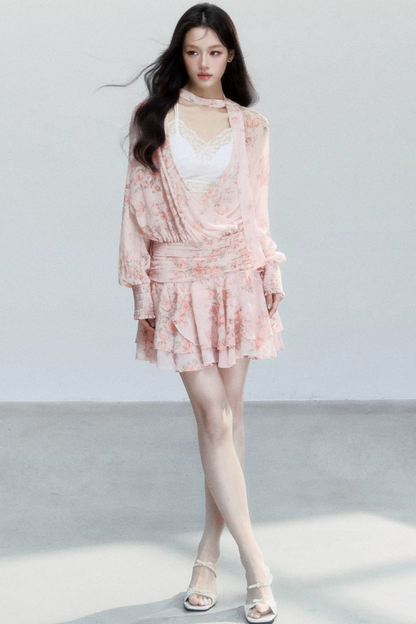 Completo Abito Floreale in Chiffon Rosa