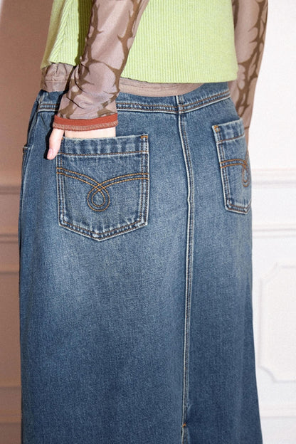 Retro Washed Denim Skirt