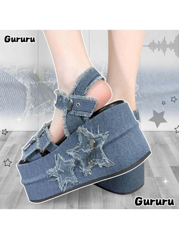 Y2K Punk Star Denim Eyelet Belt Super Thick Sole Sandals