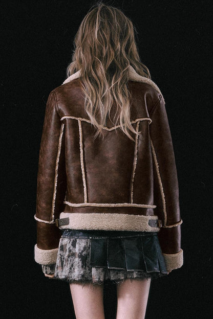 Brown Fleece Retro Biker Jacket