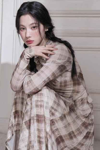 머서라이즈 벨벳 체크 긴소매 드레스