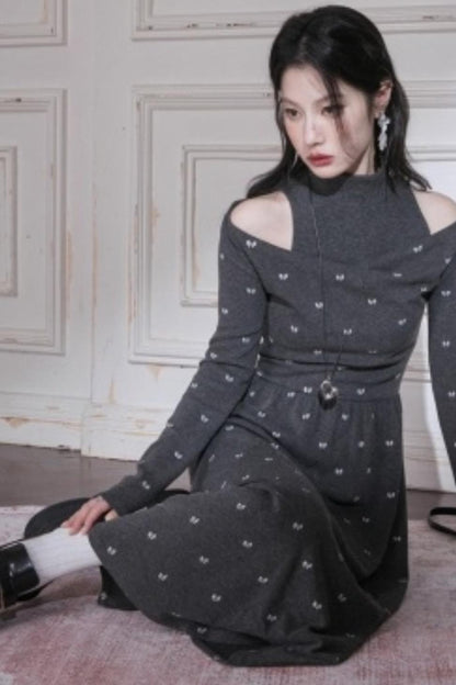 Off-the-Shoulder Knitted Bow Print Dress