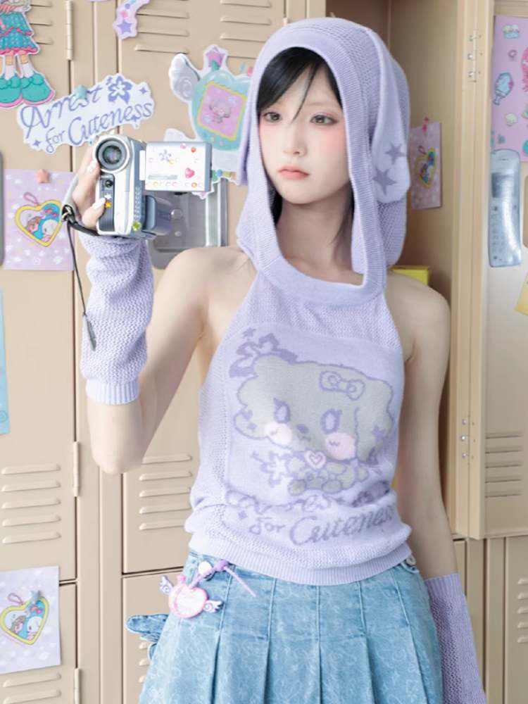 Y2K Sweet Spicy Backless Halter Neck Hooded Floppy Ear Knit Arm Warmers