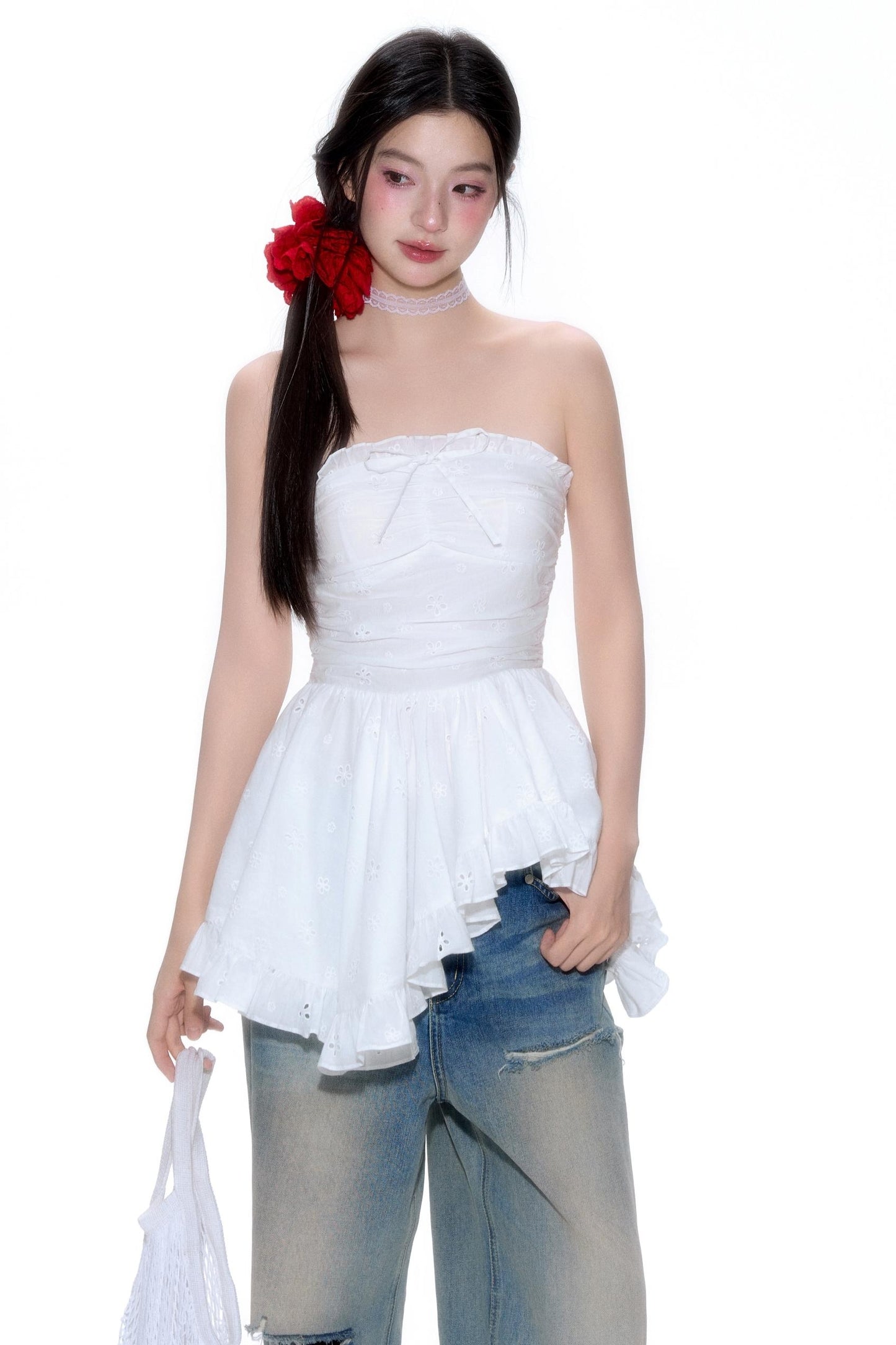 Hollow Lace Halter Top Jeans Set-Up