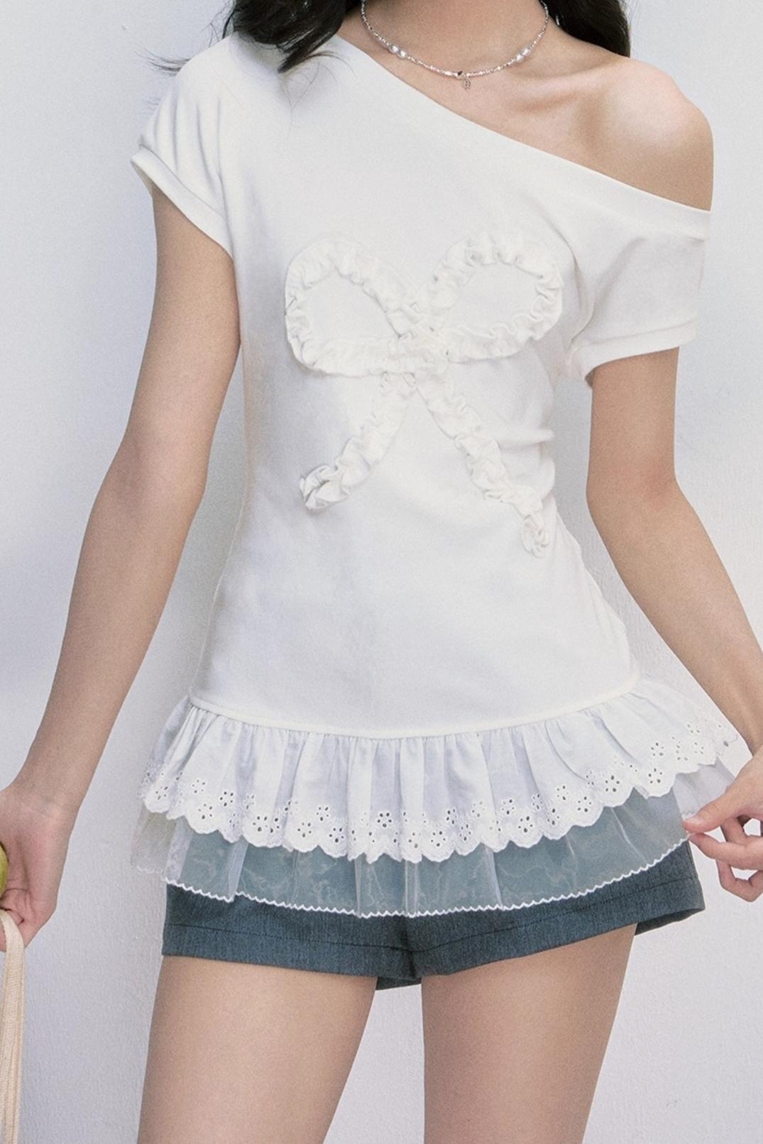 Slanted Shoulder Korean Lace Top