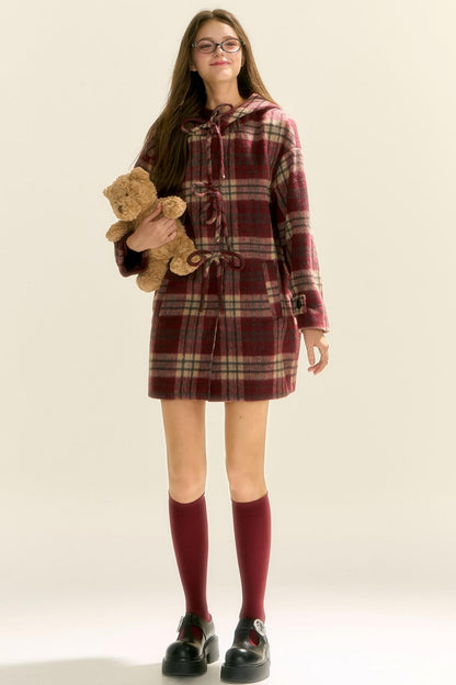 Plaid Bow Hoodie Coat Dress