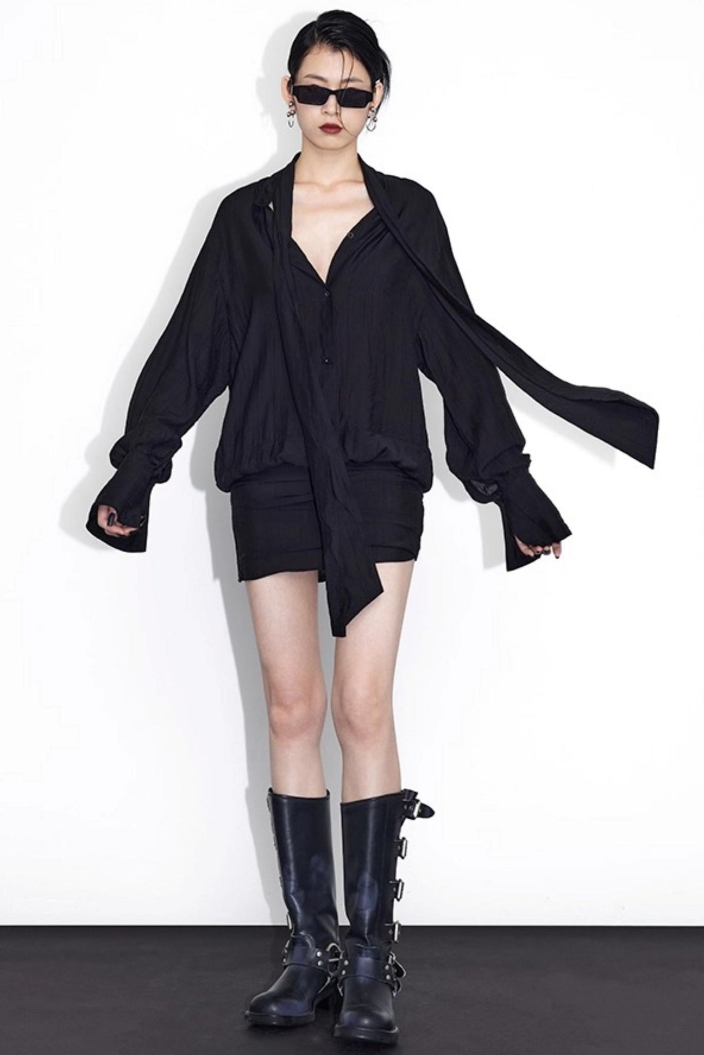 Streamer Black Drape Shirt Dress