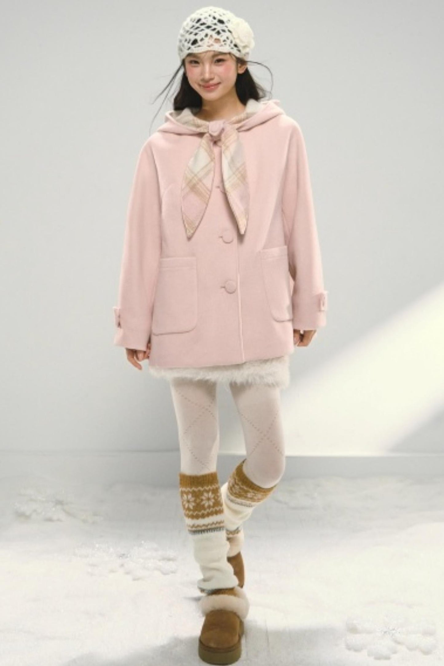 Pink Paneled Plaid Hooded Wool Coat