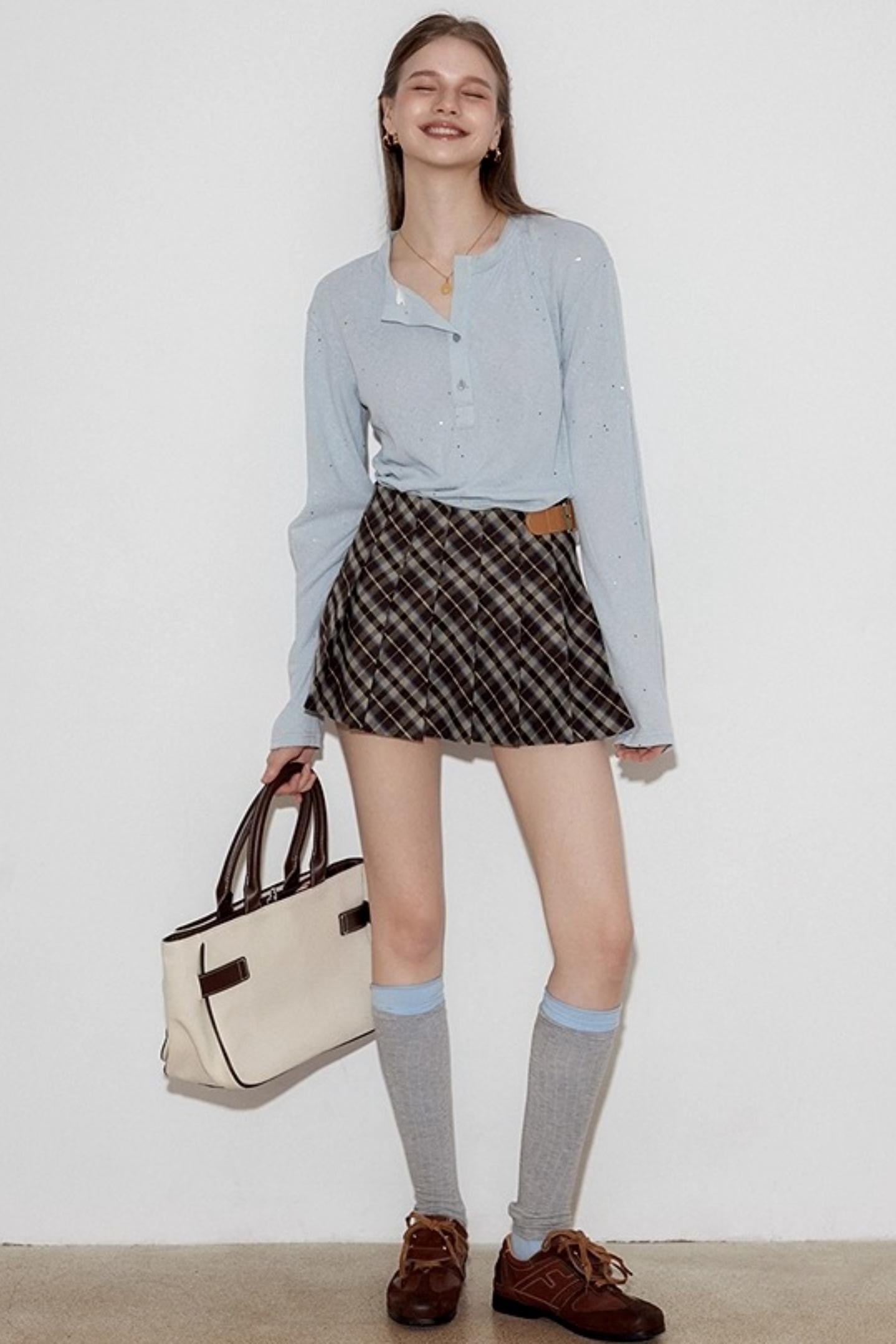 Henry Collar Design Loose Sequin T-shirt