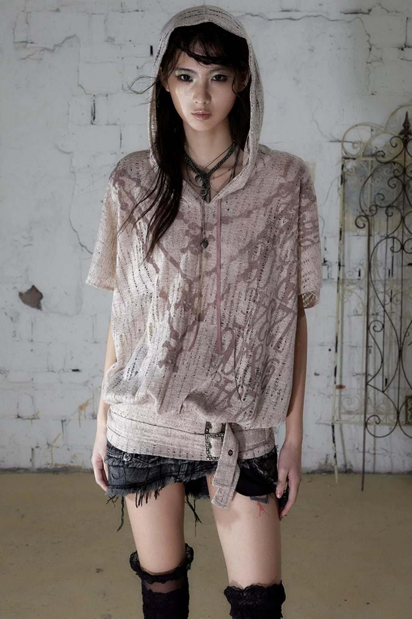 Punk Ripped Knit Hooded Blouse