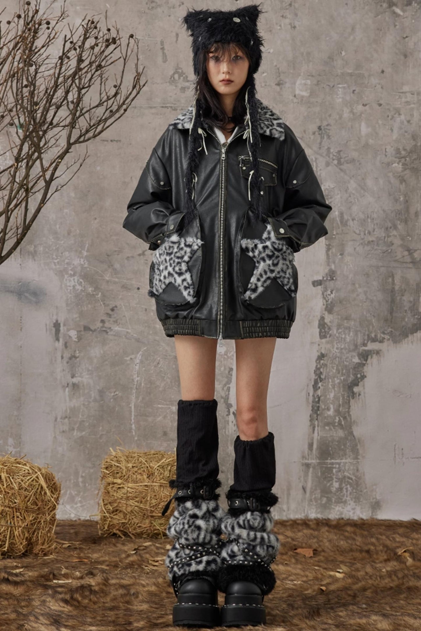 Star Leopard Print Vintage Leather Jacket